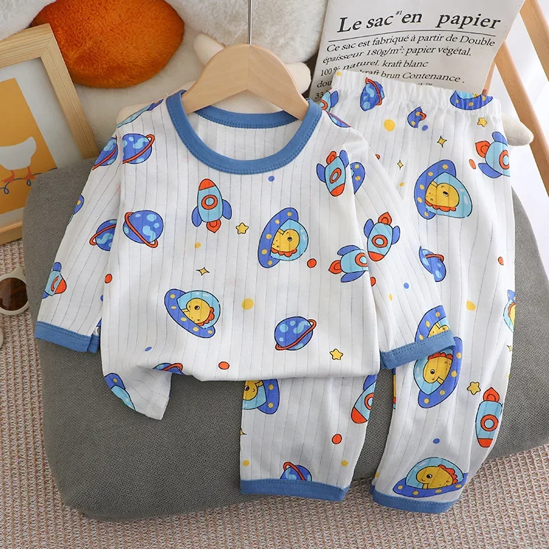 2024 New Kids Boys Girls Summer Pure Cotton Thin Pajamas Cute Cartoon Print Long Sleeve T-Shirt Tops + Pants Baby Clothing Sets