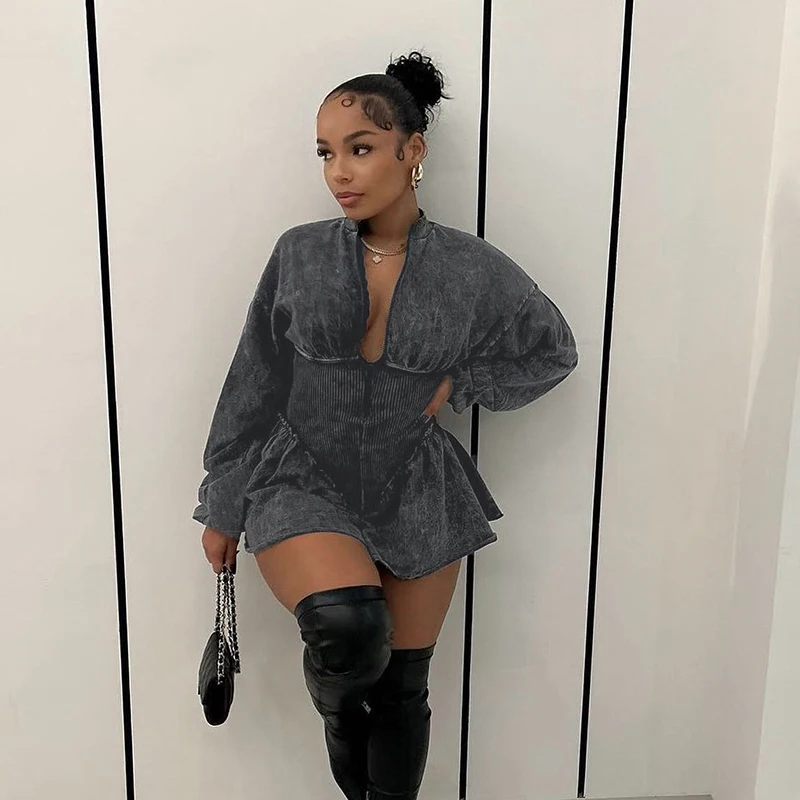 BIIKPIIK Distressed Sexy Women Playsuits Fashion Grey Zipper Mini Culotte Clubwear Rompers Unique Casual Overalls Birthday Party