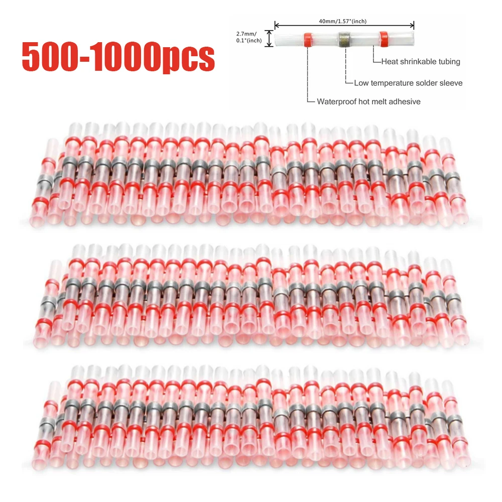 100/500/1000PCS wodoodporny uszczelka lutownicza rękaw zaciski splotowe miedziany, termokurczliwy przewód elektryczny złącza stykowe AWG22-18 czerwony