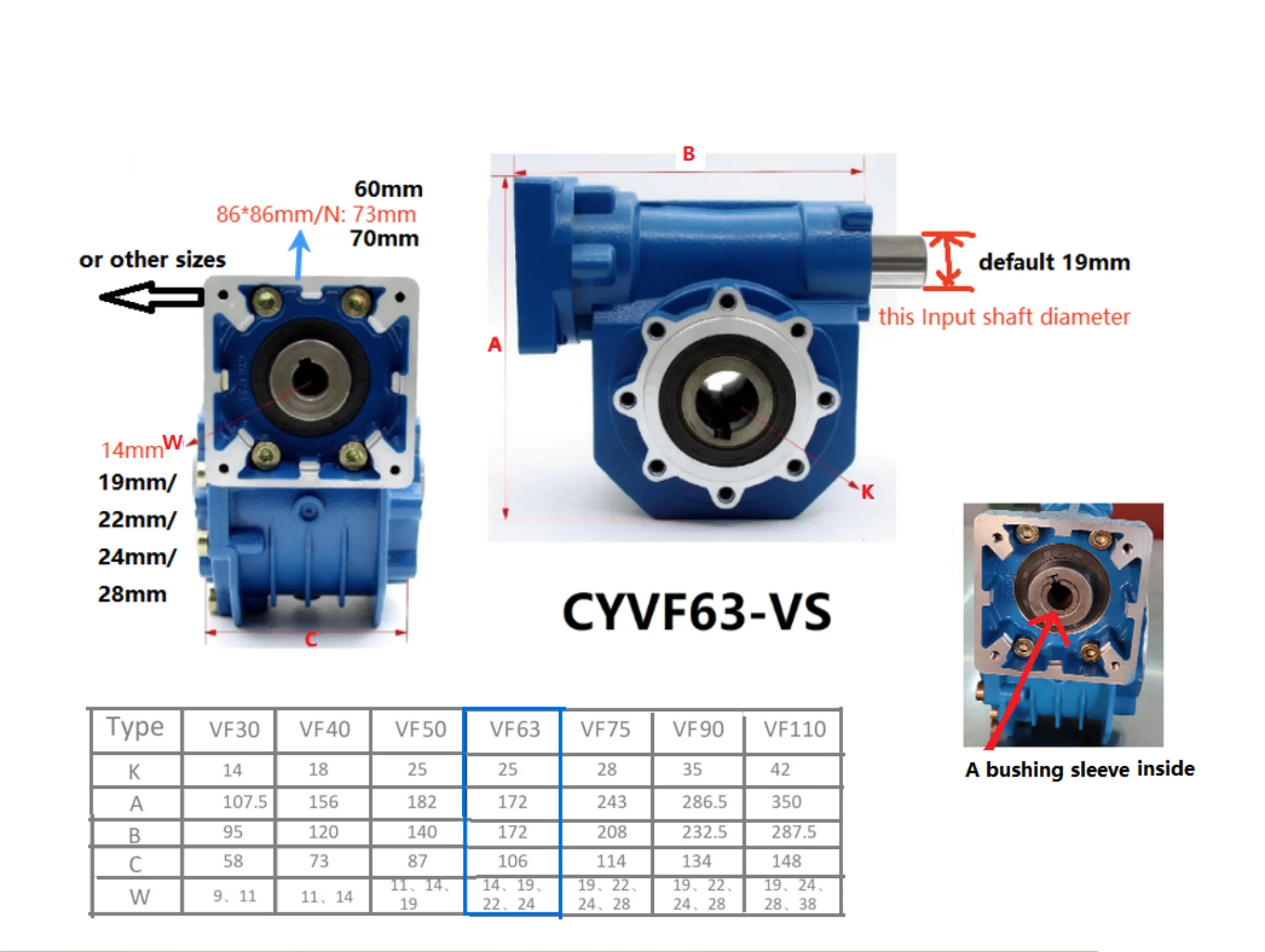 Chenyue 웜 기어박스 CYVF063-VS 입력 14/19/22/24mm 출력 25mm 비율 5:1/100:1 웜 기어 틴 브론즈 무보수
