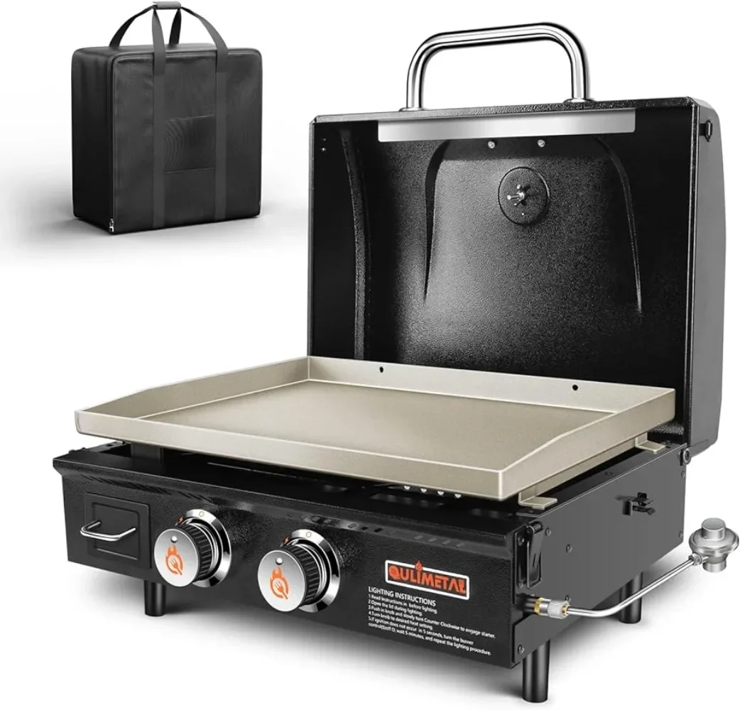 

Portable Griddle Flat Top Grill 22 Inch Table Top Grill with Hood 2 Burner Propane Grill with Carry Bag Outdoor