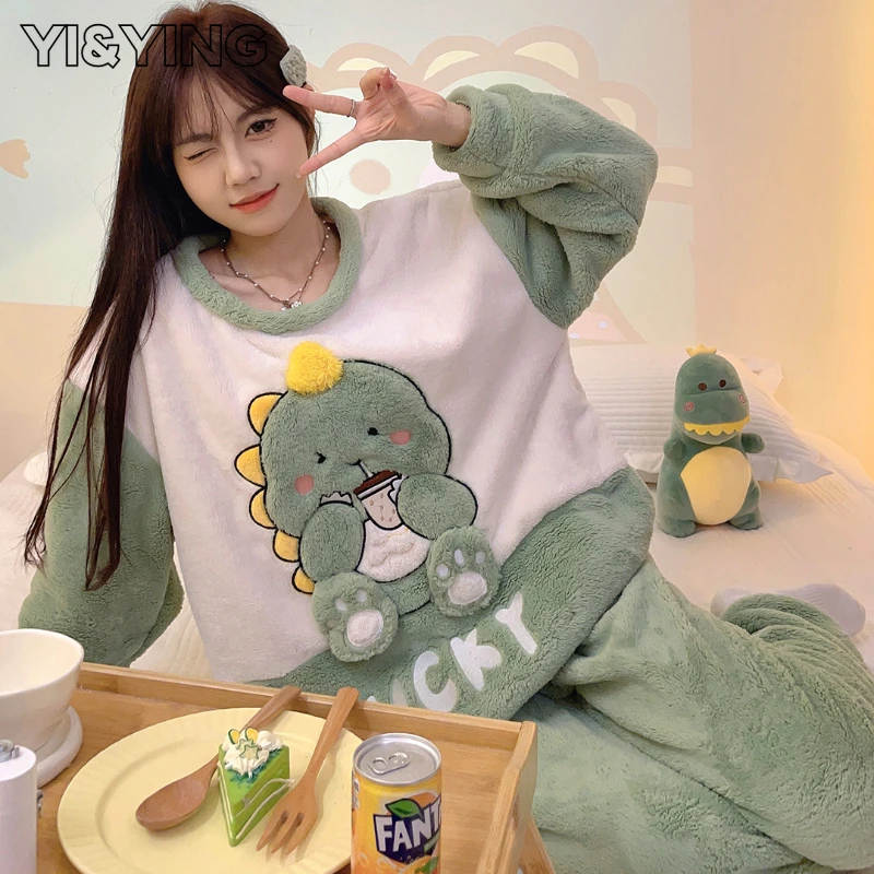 

[YI&YING] Women's Pajamas Cute Thick Coral Velvet Set Flannel Can Be Worn Externally for Home Wear with Added Velvet WAZC1086