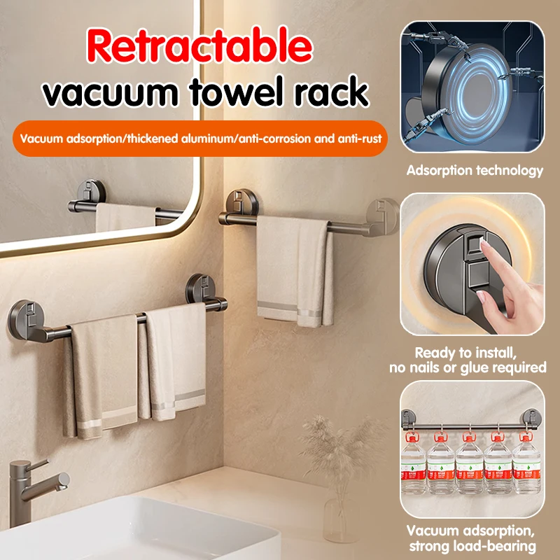 Towel Holder Reuse Suckers Widely Spaced Towel Rack Thickened Aluminum Bathroom Telescopic Bar