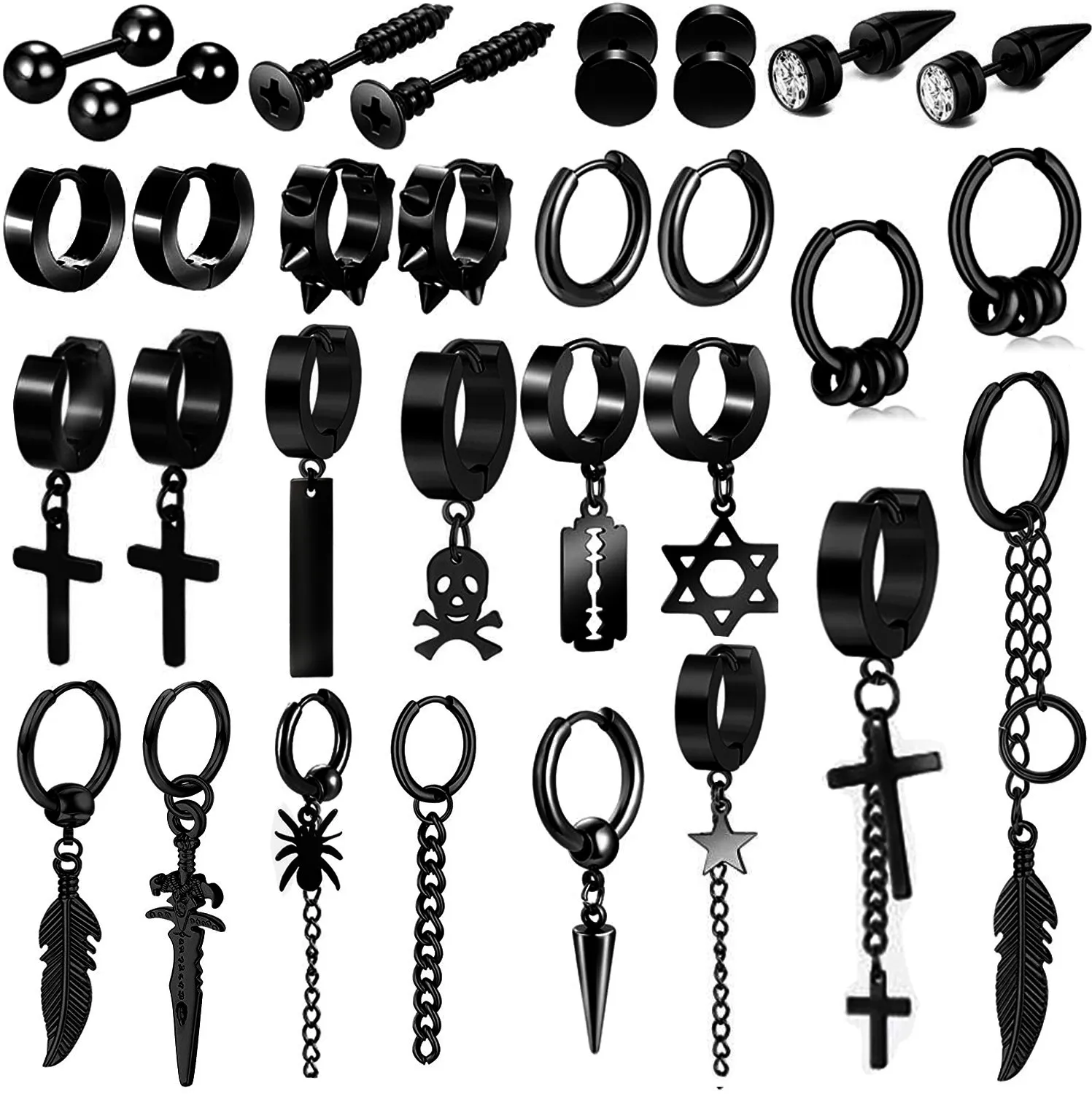 3PairMenHoopEarringsSetBlackPunkHuggieEarringDanglePack