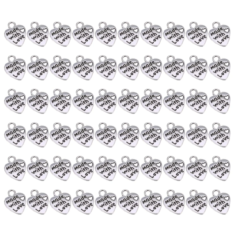 

60pcs Made With Loves Heart Charm for Dangle Earrings Bracelet Necklace Pendant Silver Color Jewelry Making Findings