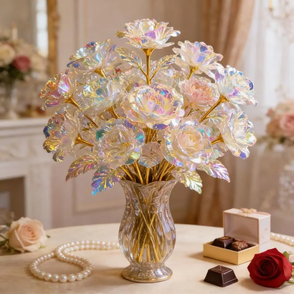 6 Stück Große Goldene Blattrosen Handgefertigte Romantische Künstliche Kristallblumen Verblassungsresistente Ewige Rosen