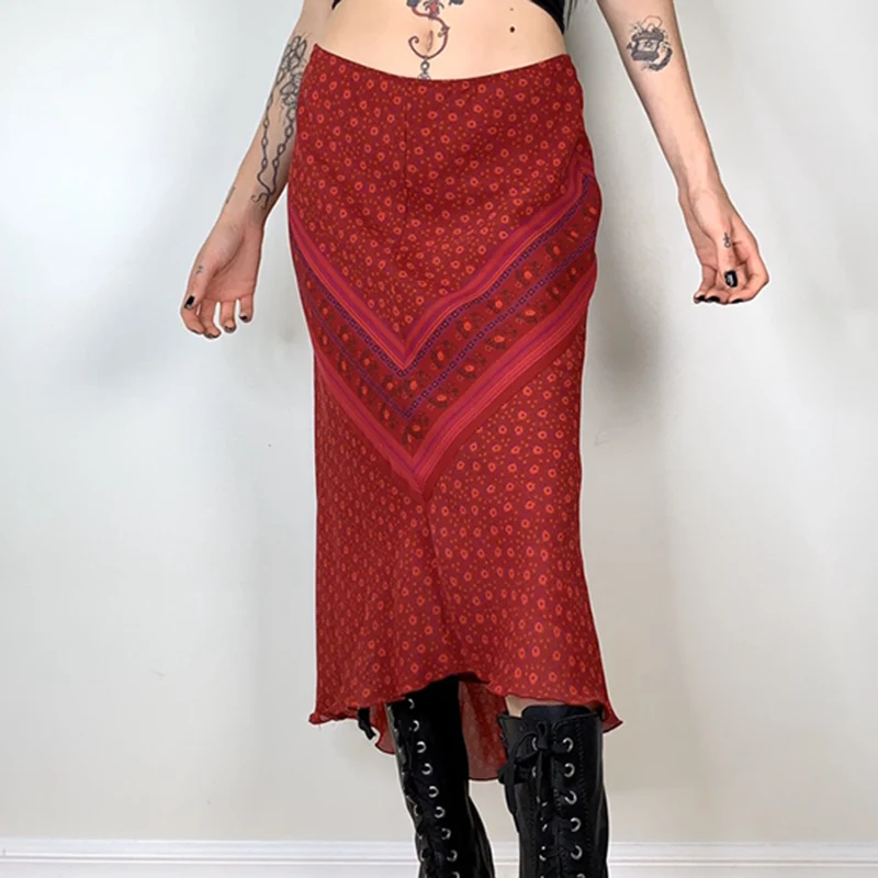 Vintage Grunge Floral Print Midi Skirts Y2k Fairycore Doubel Layers