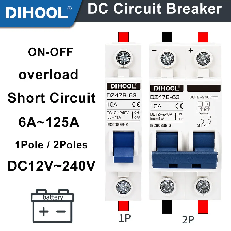 Disjoncteur CC MCB pour batterie longue durée, protecteur solaire, interrupteur négatif positif, isolateur, DC 12V, 24V, 48V, 36V, 72V, DZ47B