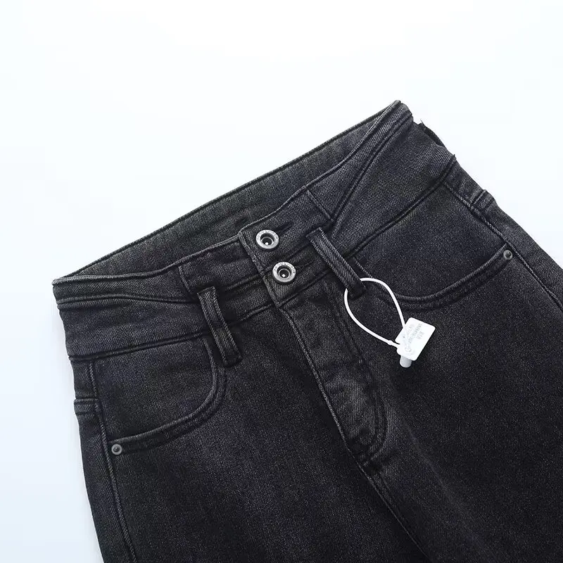 Jenny&Dave Solid Simple Casual Fleece Denim Pants Trousers Women Retro High Waisted Single Breasted Plush Jeans For Winter