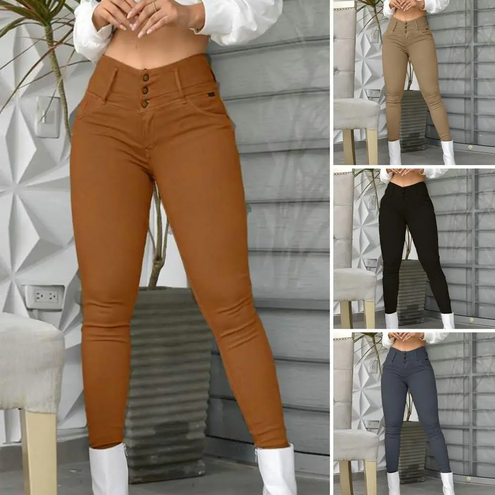 

Solid Color Pants Stylish Women's High Waist Slim Fit Leggings Office-ready Trousers with Button Fly Hip Wrap Detail Casual Long