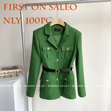 

Suit Jackets for Women Korean Green Coat Tweed Sashes Buttons Business Commute Work Belt Clothes for Girl Fashion Streetwear Y2K