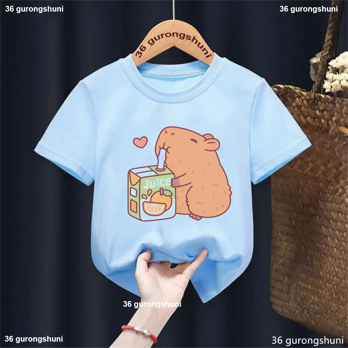 Cute Capybara Loves Orange Juice Printed T Shirt Girls/Boys Kawaii Kids Clothes Funny Solid Tshirt Summer Tops Fashion T-Shirt 2