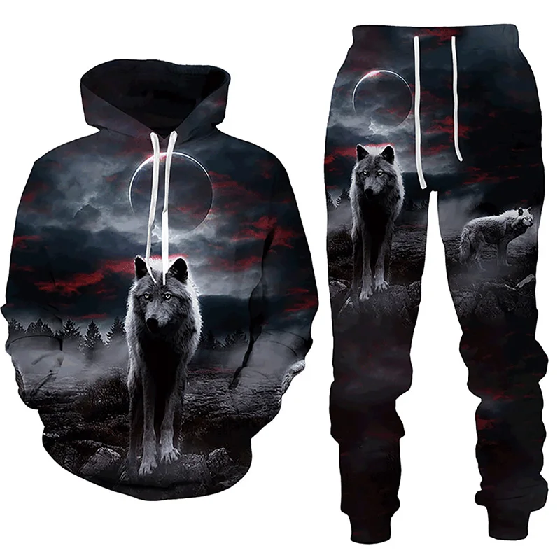 

Floresta lobo 3d impresso moletom com capuz terno masculino outono inverno casual sweatpants masculino conjunto de treino roupas