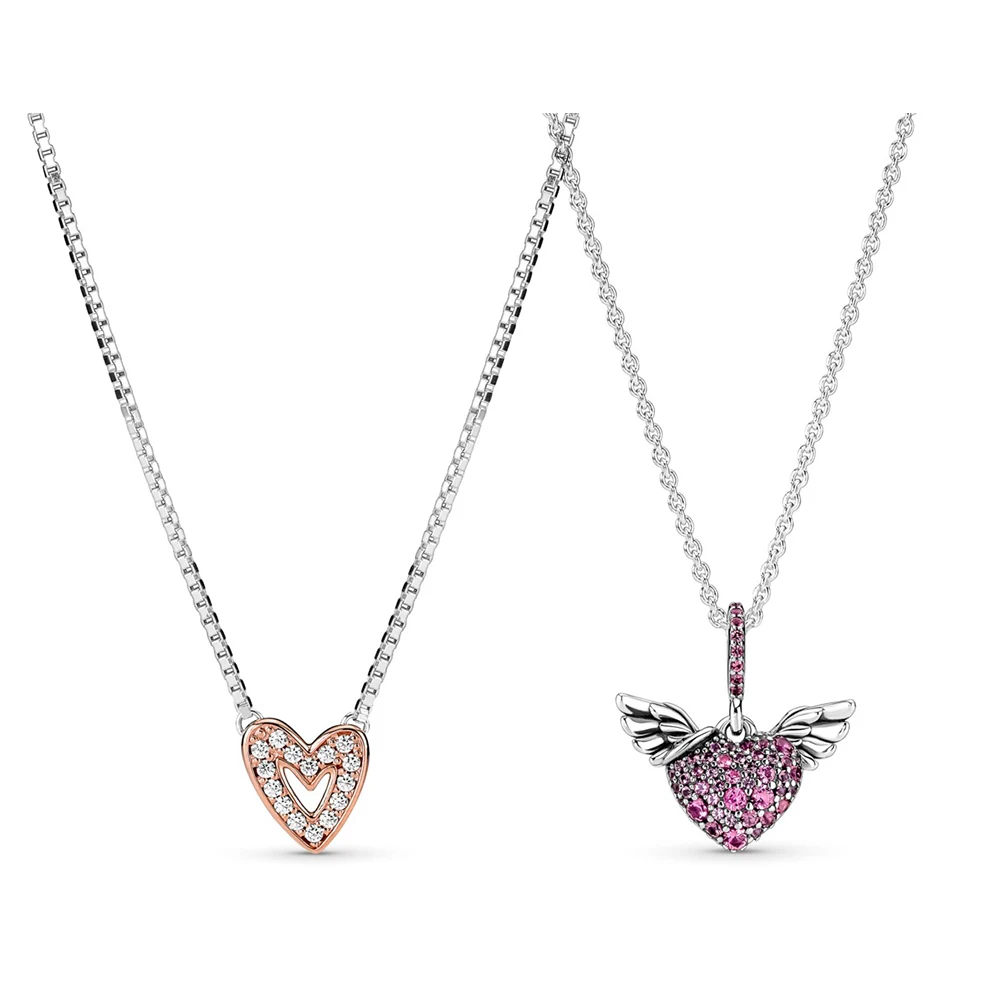 

Authentic 925 Sterling Silver Pave Heart & Angel Wings Freehand Heart Necklace For Women Bead Charm Diy Fashion Jewelry