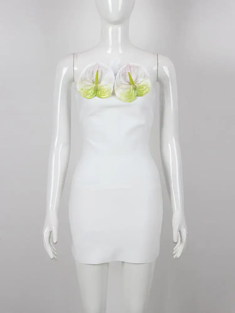 

2023 New Summer Women's Fashion Sexy Strapless White Tight Mini Bandage Dress Knitted Elegant Evening Dress
