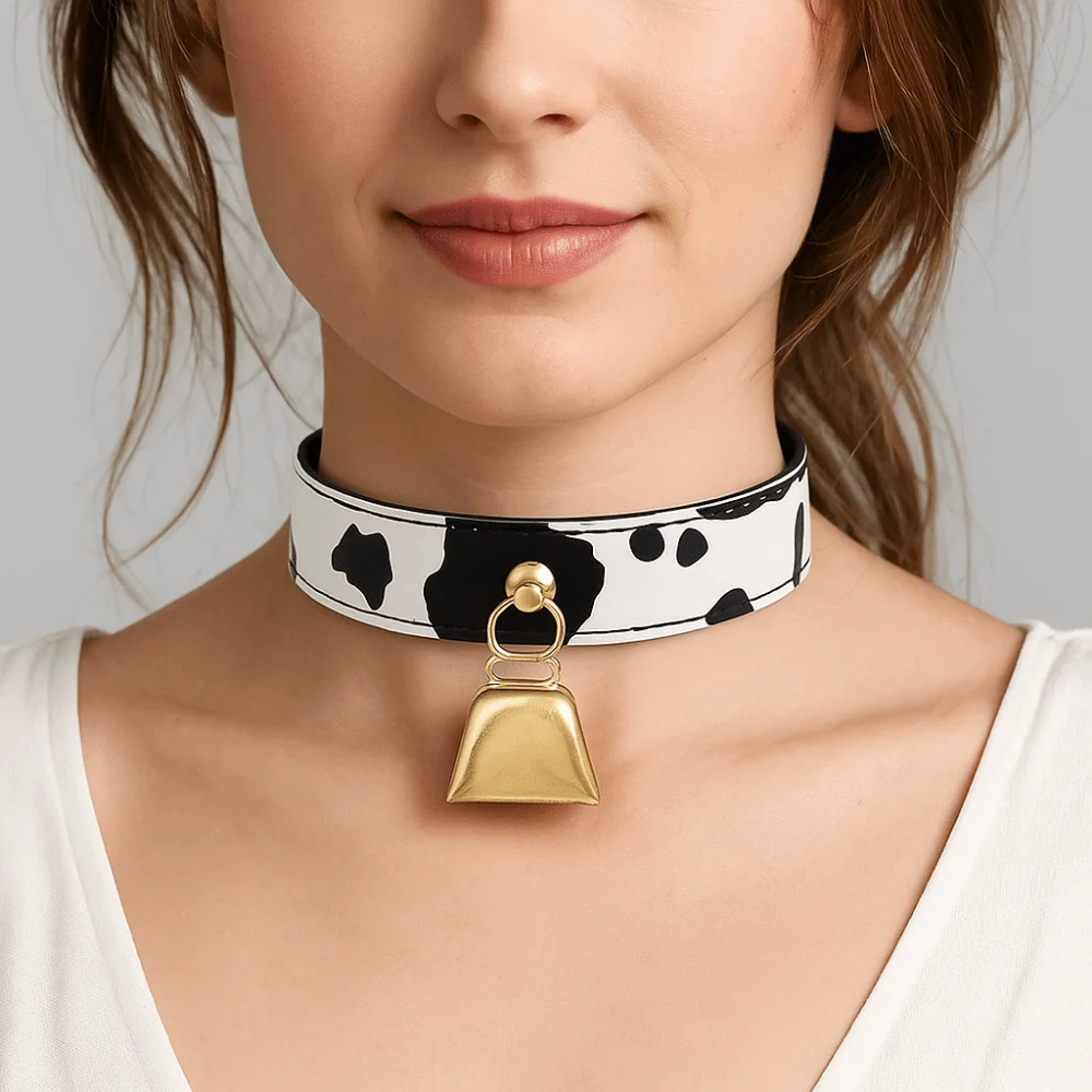 Sexy Leder-Halskette mit Kuhmuster, verstellbarer Glockenkragen, Damen-Halskette – Detail 3