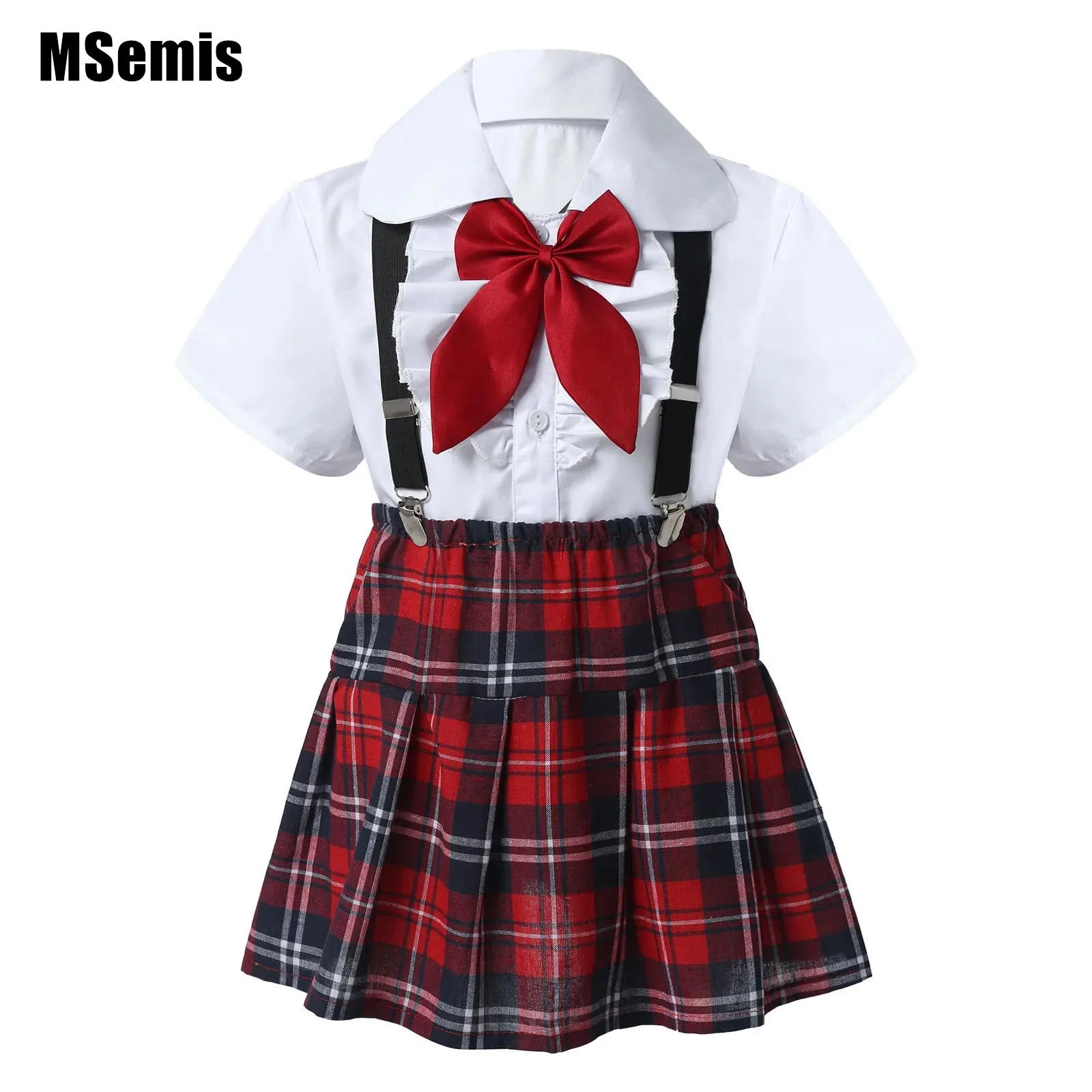 

Kids Girls School Style Suit Short Sleeve Ruffled Lace Front Shirt Top Plaid Skirt with Suspenders And Bowknot Tie Knot Set