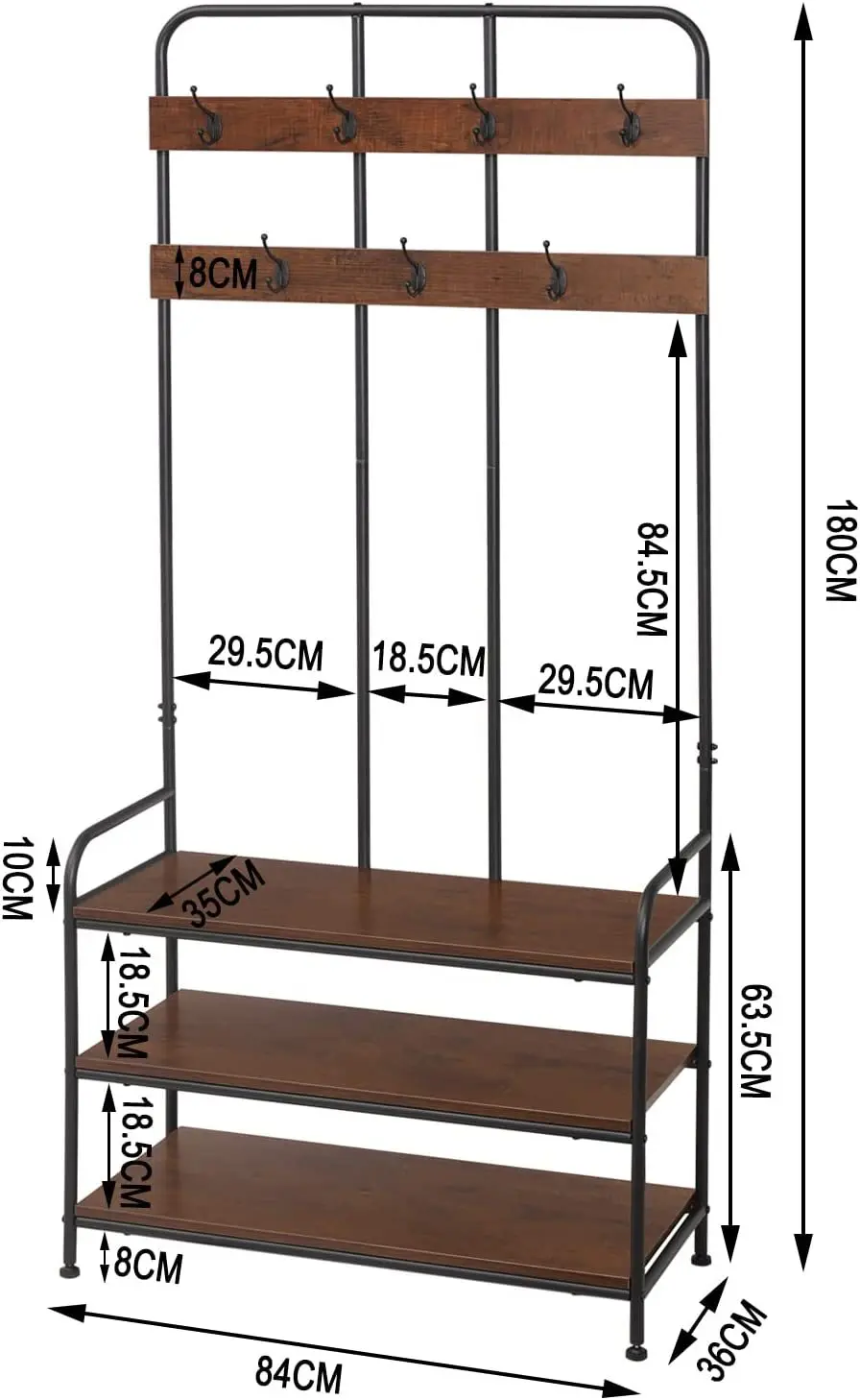 Estilo Industrial 3 Tiers Metal Aço Brasão Stand, Marrom Madeira Hall Árvore com Banco Sapato Racks