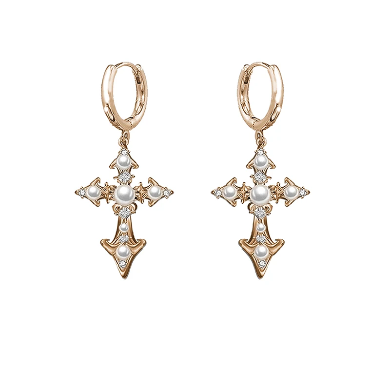 MASW Original Design Popular Style Shiny Glass Simulated Pearl Cross Dangle Earrings Necklace For Women Modern Jewelry