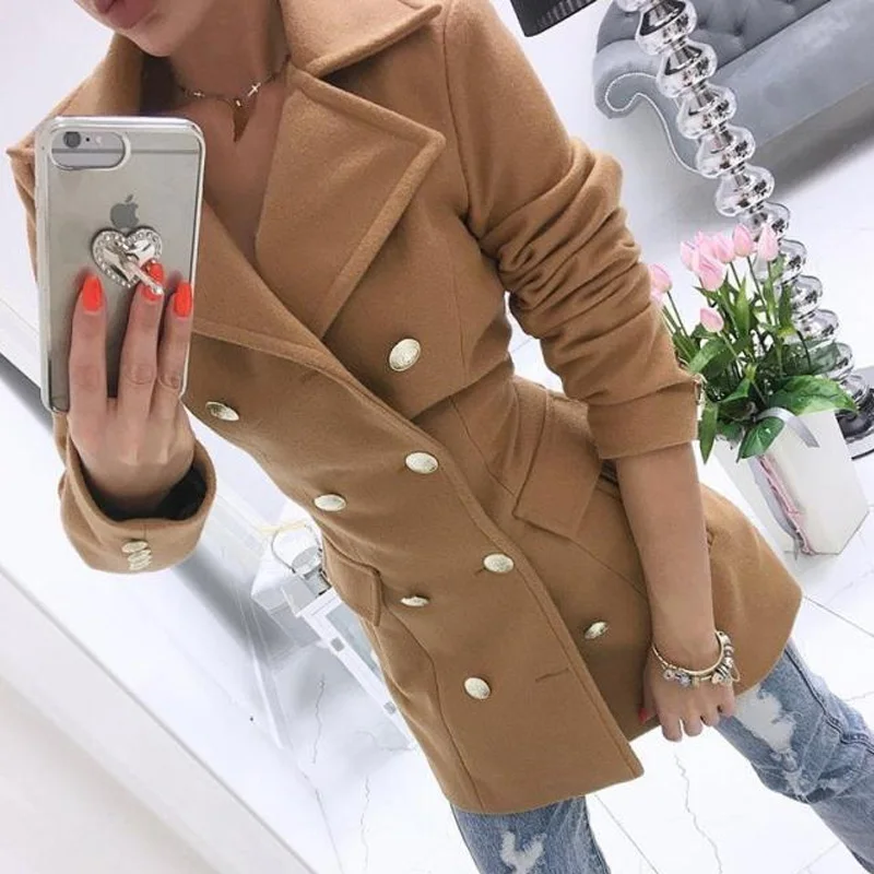 Women Casual Wool Blends Lapel Overcoat Autumn Winter Solid Fashion Long Sleeve Coat Outwear Elegant Double-Breasted Lady Jacket white puffer