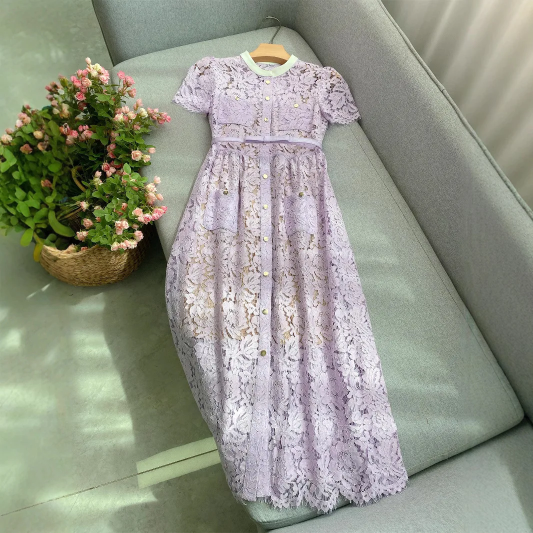 Quality Luxury Formal Evening Dresses Women Single Breasted Pocket Summer  Short Sleeve Embroidery Lace Long Dress Birthday Robe - AliExpress 200000345