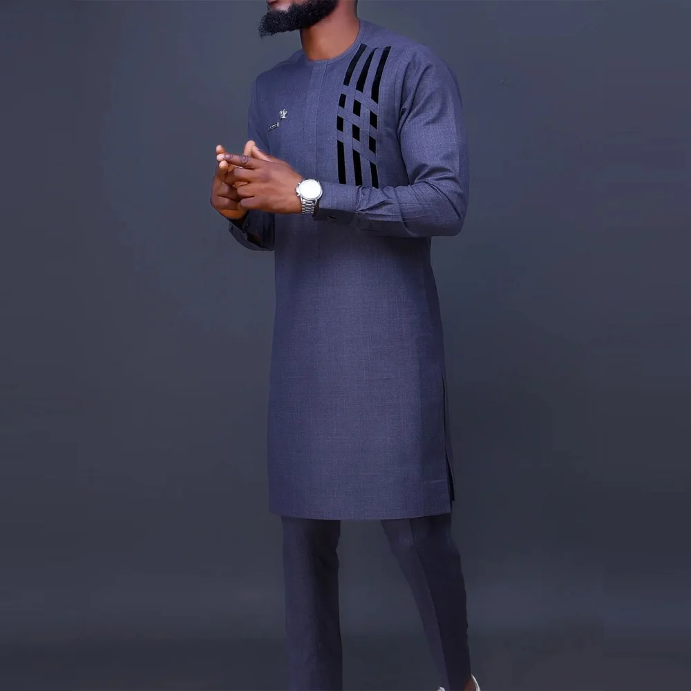 New Kaftan African Men Outfit Solid Color Paneled Shirt and Social Pants 2 Piece Set Luxury Full Men's Suit Wedding Men Clothing
