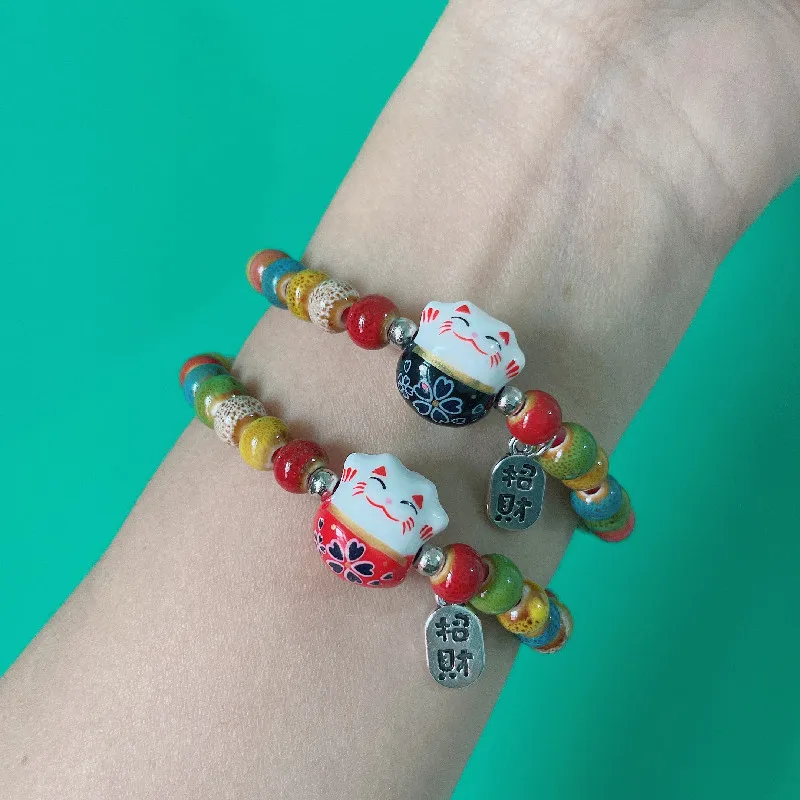 

Handmade Colorful Beads Chain Bracelet Cute Cat Ceramic Beads Adjustable Bracelets Gold Bell Colorful Fortune String Bracelet