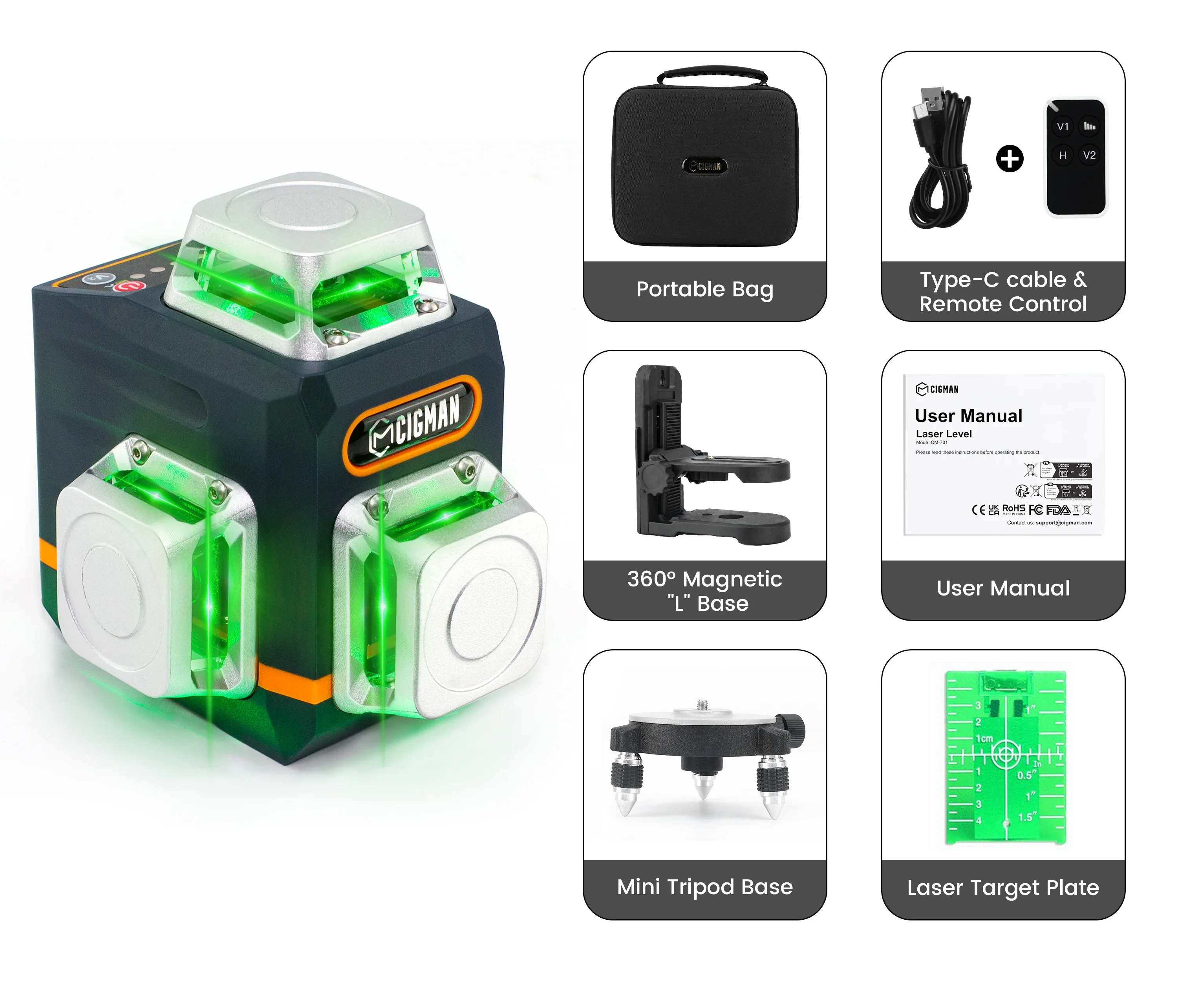 CIGMAN Self-Leveling 360° Green Laser Level - Rechargeable, Remote Control, 12 Lines, For Construction & Picture Hanging