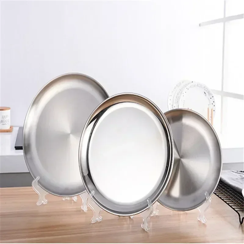 Dining Dish Korean 304 Stainless Steel Round Steak Plate Tray Single Layer Hairline Finish Mirror For BBQ