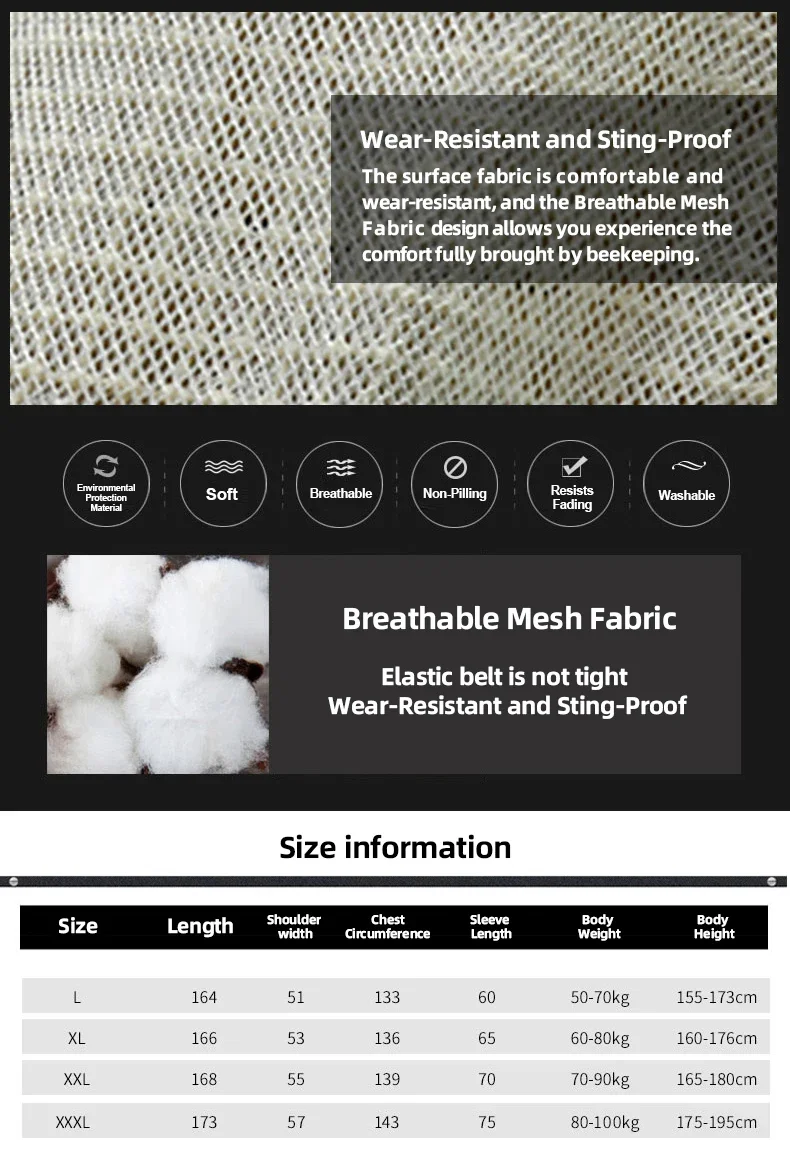 سترة تربية النحل 3 طبقات ملابس تربية النحل ملابس تربية النحل مع قبعة قابلة للإزالة بدلة مضادة للتهوية ملابس تربية النحل