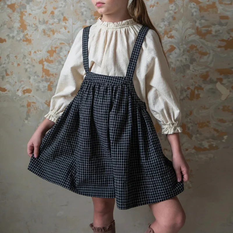 Retro Black Plaid Girls Pinafore Dress 2025 Summer New