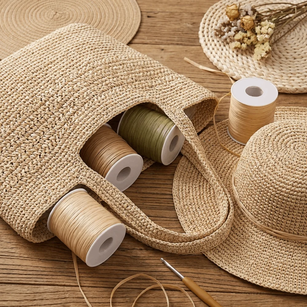 프리미엄 품질 120M 롤당 라피아 실 친환경 훅햇 리본 내구성 있는 크로셰 얀..