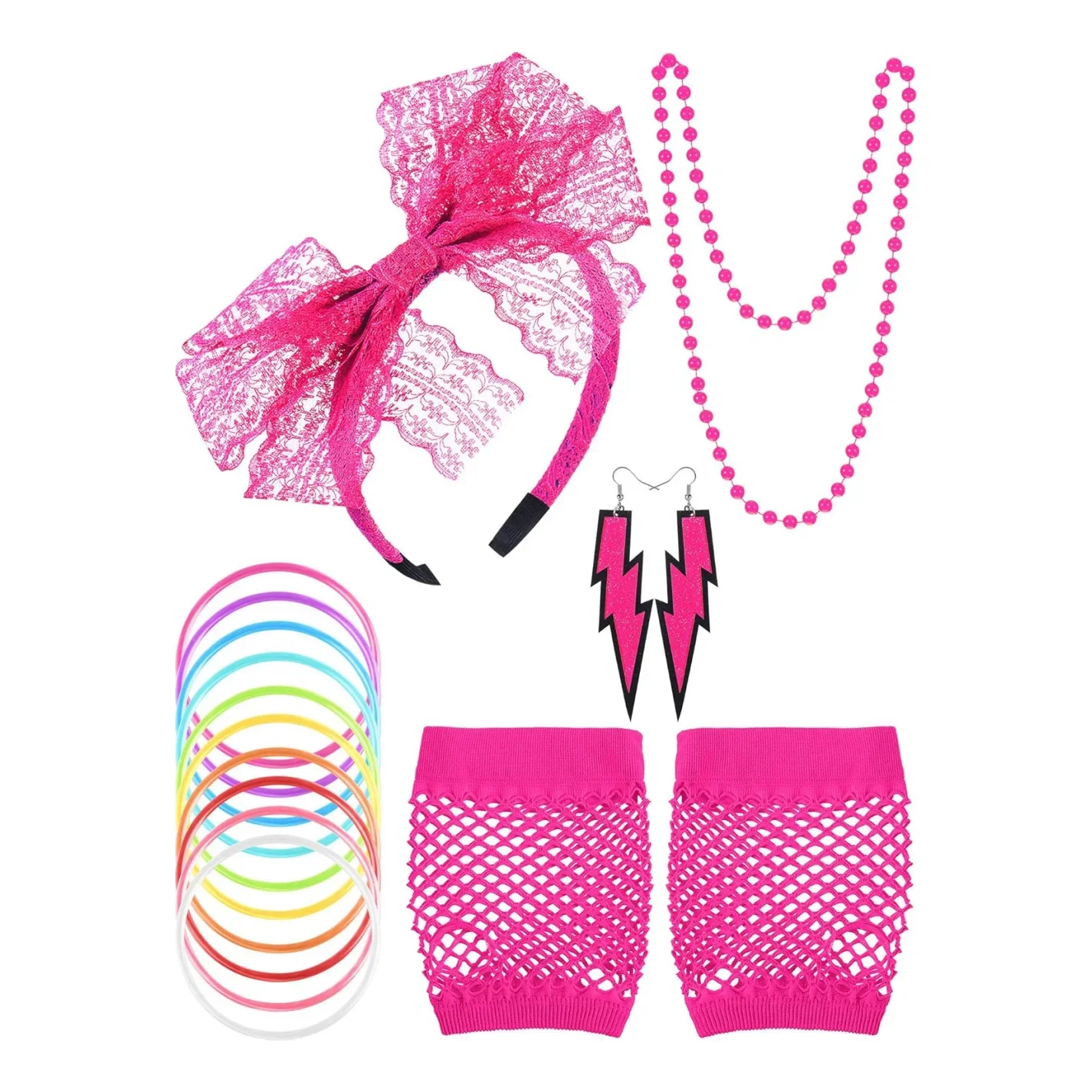 Coloured 90s 80s Outfit Accessories Set 80s Fancy Dress Stage Costume Hair Band Necklace Bracelet Net Gloves Leg Warmer Retro