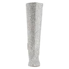  Silver Sequin Pointed Toe High Boots Mid-Heeled Kitten Heel-Length Knee-Length Boots Women'S Large Size 15 16 