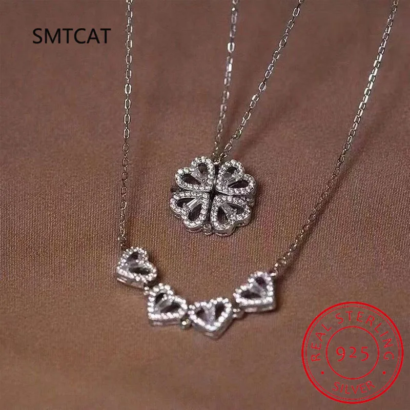 Trendy Magnetic Sterling Silver 925 Zircon Heart Four-leaf Clover Pendant Necklace Women Summer Fine Jewelry Birthday Gift pendant necklace silver necklace silver pendant
