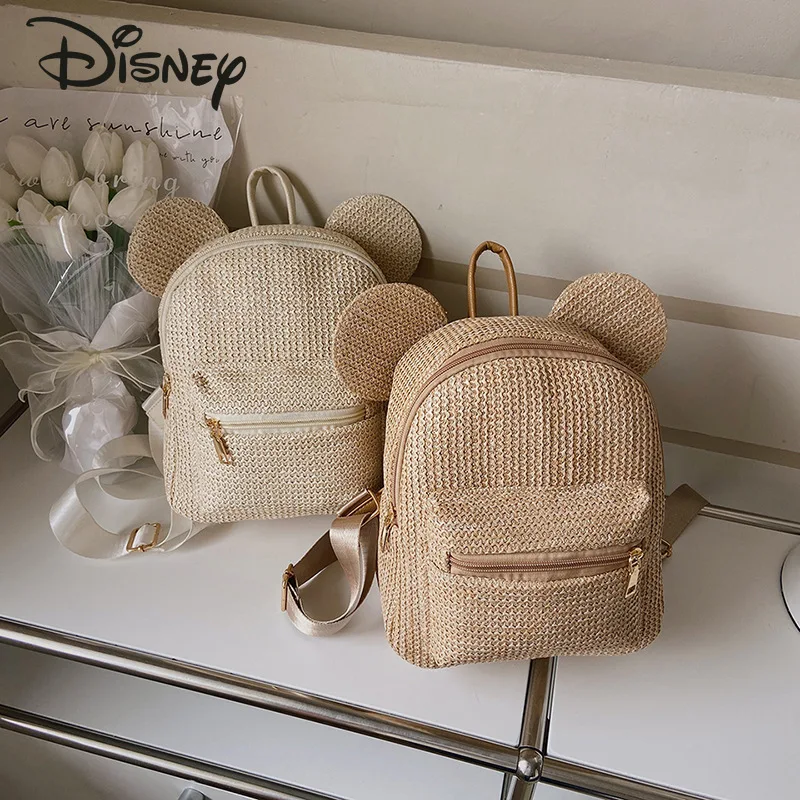 

Disney Mickey 2023 New Women's Backpack Fashion High Quality Grass Woven Women's Bag Casual Versatile Storage Beach Backpack