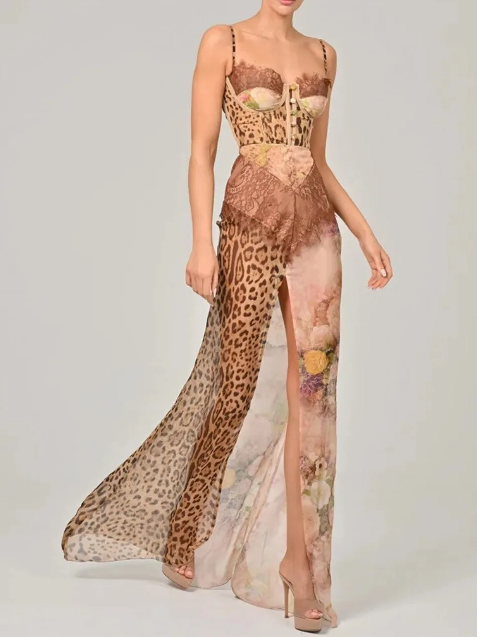 Neue Sommer Leopard Print Spitze Split Sexy Maxi Kleid Frauen Kleid Elegante Patchwork Chiffon Ärmelloses Backless Strand Abendkleid – Detail 6