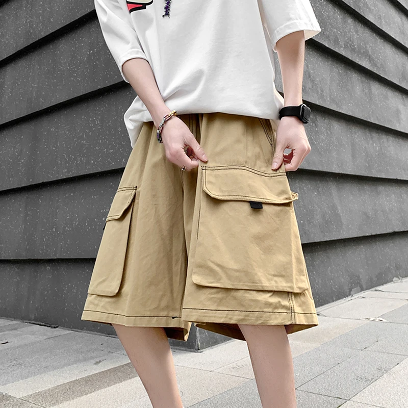 Japanese Moto Biker Cargo Shorts Ins High Street Hip Hop Loose Fit Shorts Knee Length Big Pockets Khaki Harajuku Oversize Shorts