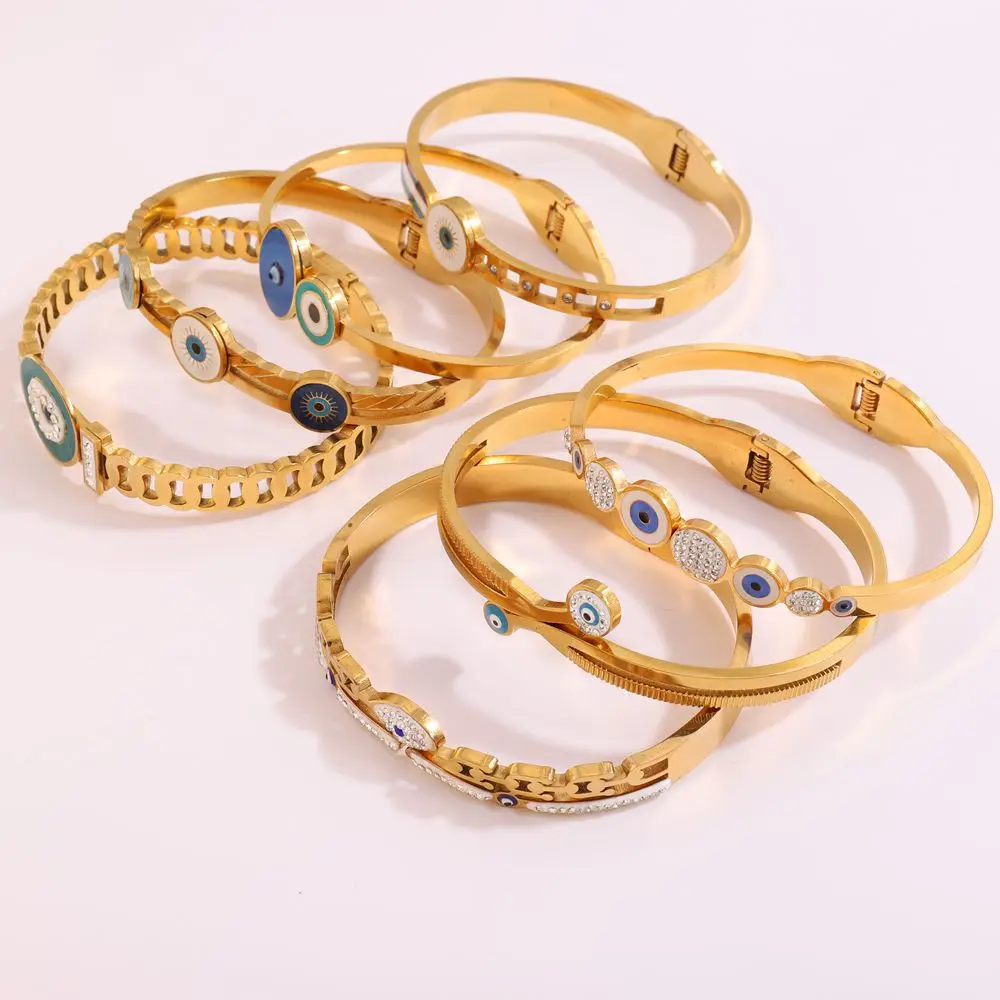 304 Stainless Steel Turkish Devil's Eye Blue Crystal Bracelet Ladies Jewelry Retro Drip Elegant Buckle Woman Bangle 3