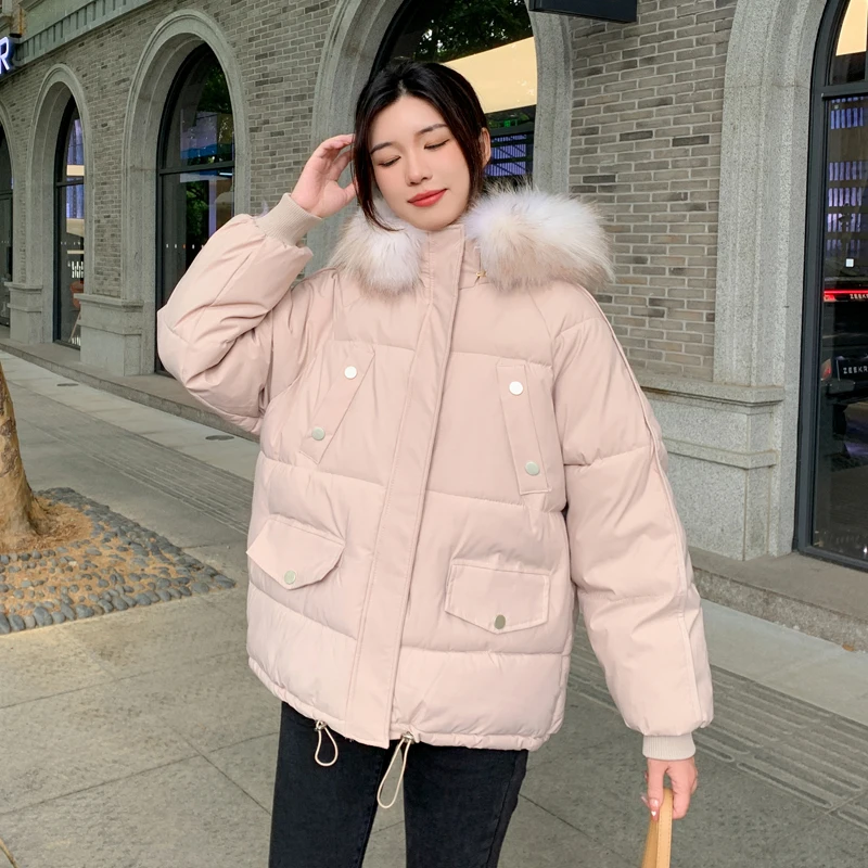 

CRRIFLZ Women's Autumn Winter Solid Color Hooded Fur Collar Rhombic Lattice Loose Casual Short Parka Coat Jackets