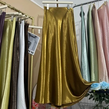 Glossy Satin Midi Skirt Women Elegant Quiet Luxury Basic Elastic-Waist Skirt 1