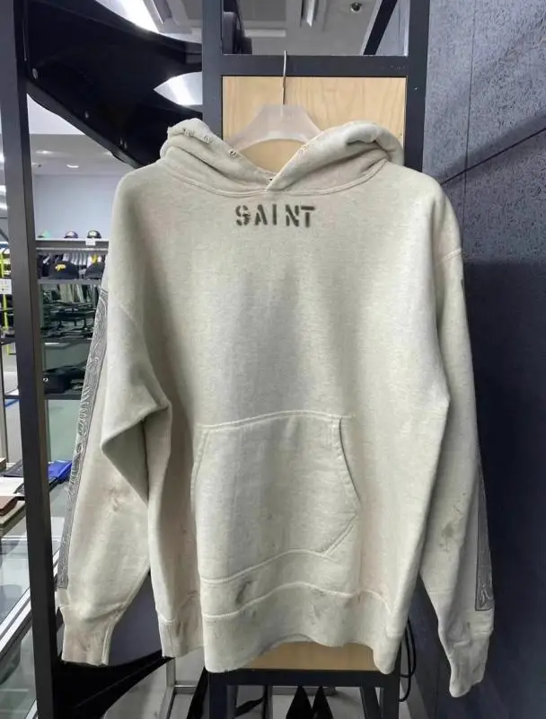 

23SS Vintage SAINT MICHAEL Hoodie Men Women 1:1 Top Version Washed Apricot Crack Hoodie Hooded Fashion NEW