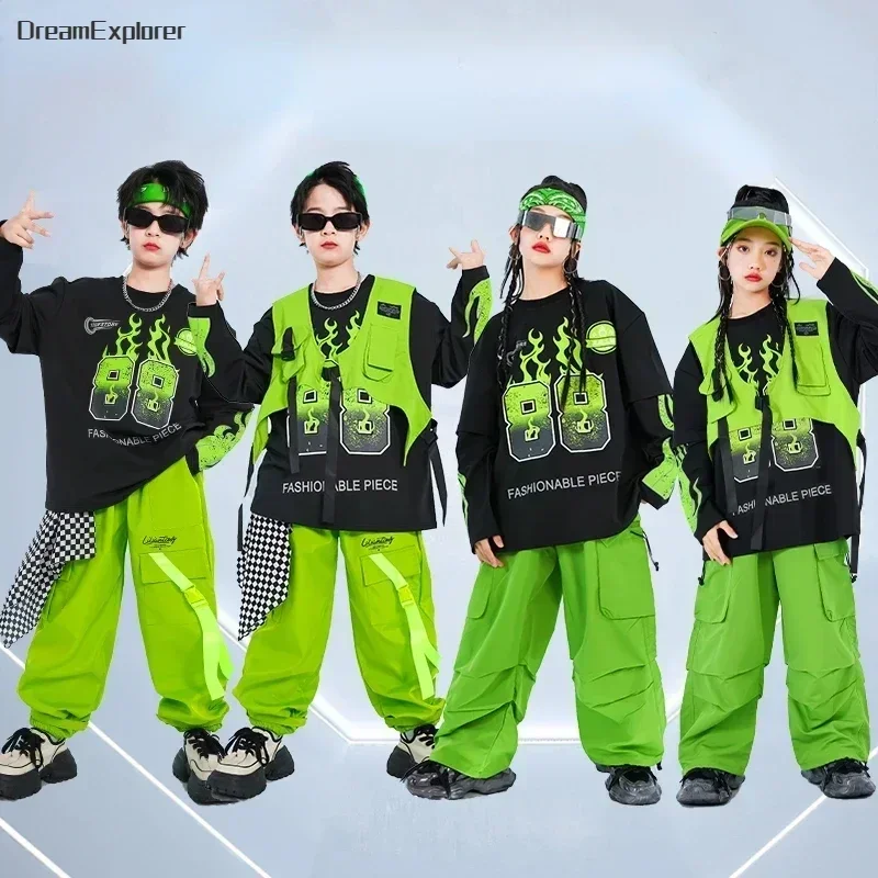 Girls Cool K-pop Vest Sweatshirt Cargo Pants Boys Hip Hop Street Dance Clothes Sets Kids Jazz Green Costumes Children Streetwear