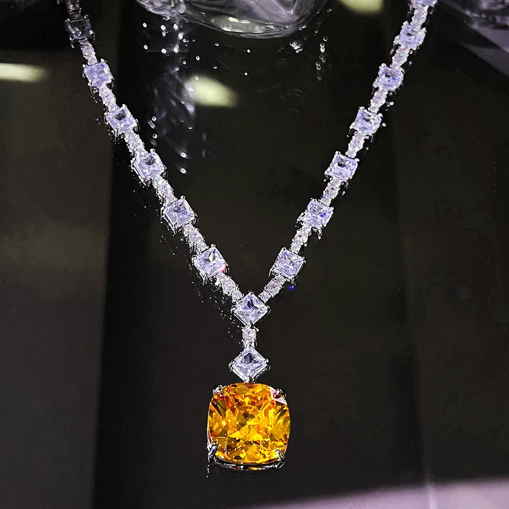 

WPB Premium Dress Necklace Women Yellow Square Diamond Pendant Necklace Female Shiny Zircon Luxury Jewelry Girl Banquet Lady