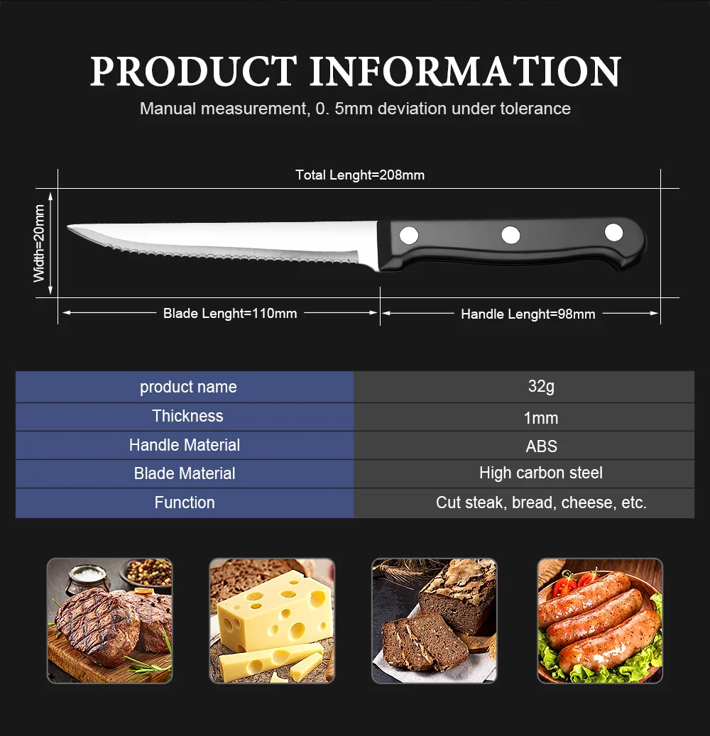 Description Picture 5 of itemXITUO 6-12pcs Steak Knives Set Full Tang Stainless Steel Sharp Serrated Dinner Knives Set Outdoor BBQ Knife Cut Meat Bread knife