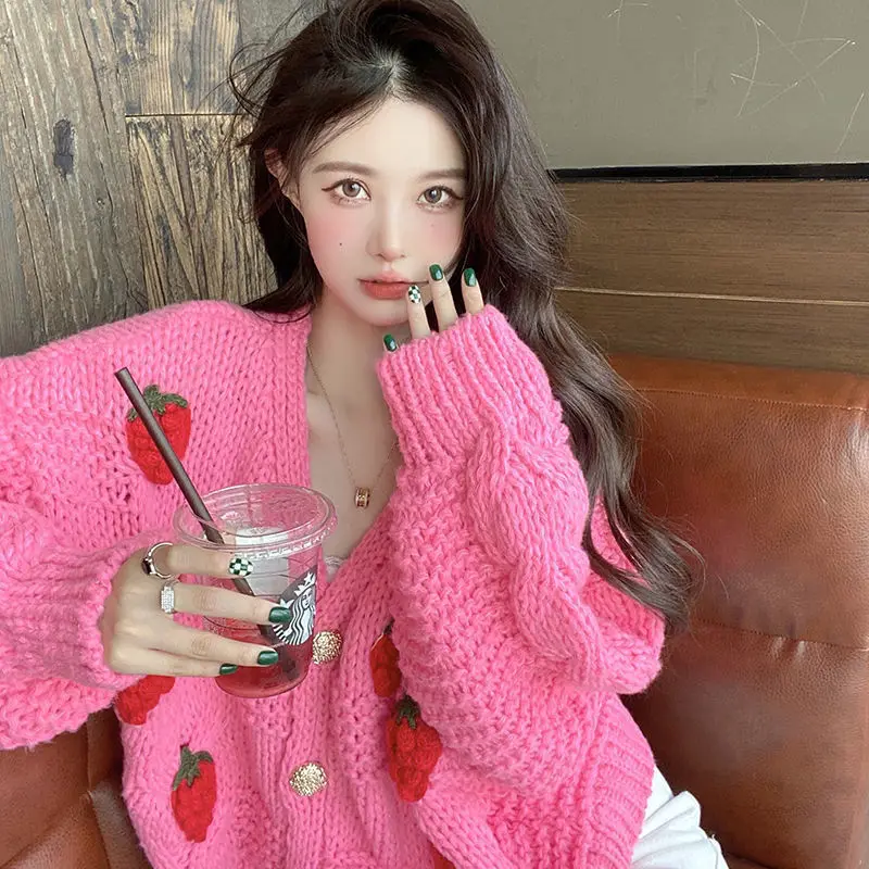 ZOKI 여성용 하라주쿠 딸기 루즈 가디건 스웨터, 긴 소매 한국 상의, 시크 여성 프레피 스타일 Y2k 스웨터, 가을 패션