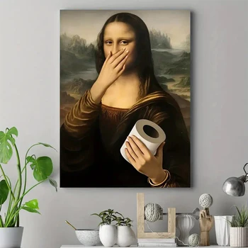 Stampa umoristica di poster su tela per bagno, arte da parete su tela di carta igienica classica retrò Mona Lisa, per l'arredamento dei soggiorni 1