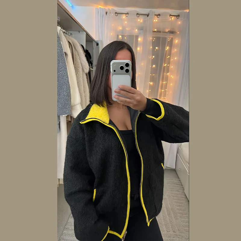 سترة صوفية متباينة غير رسمية للنساء بياقة واقفة وجيوب وسحاب وأكمام طويلة معطف نسائي لخريف وشتاء 2025 جديد للسيدات في ملابس خارجية