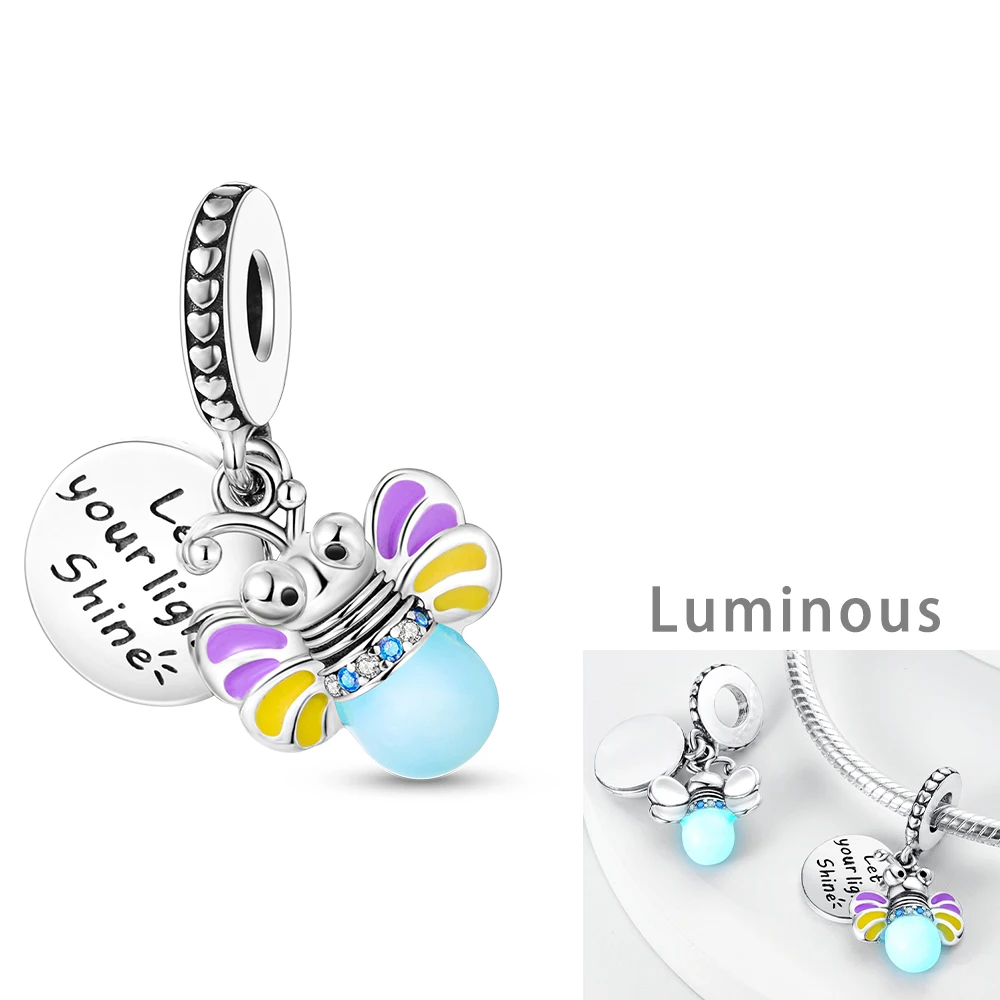 Silver Plated Glowing Luminous Firefly Charms Fit Original Pandora Charm Beads Pendent Dangle Bracelet DIY Women Jewelry Gift