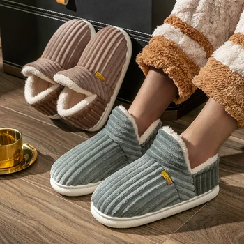 Chaussons en peluche à talons rayés simples pour hommes et femmes, tongs chaudes douces non aldes, chaussures en coton décontractées pour la maison, style couple, hiver